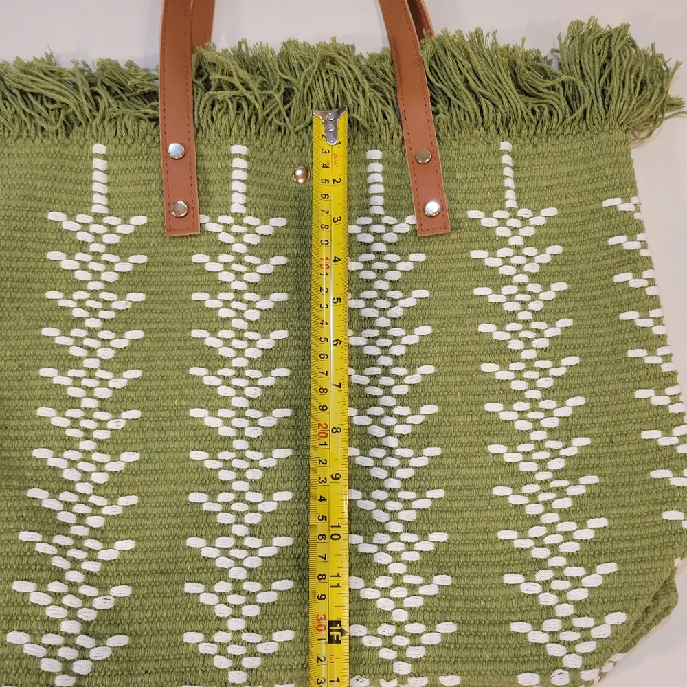 Green Fringe Woven Tote Bag with White Accent